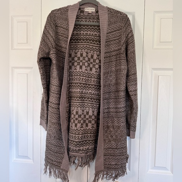 Knox Rose Long Sweater Cardigan Purple Brown Tan Gold Glitter and Fringe - Picture 1 of 5